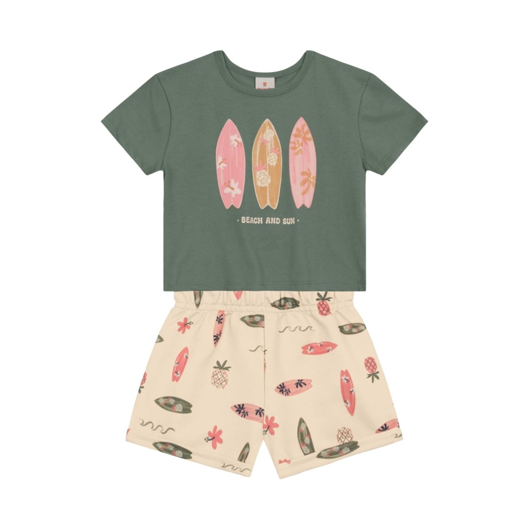Conjunto Infantil Menina Brandili com Shorts Bege e Blusa Verde Tropical
