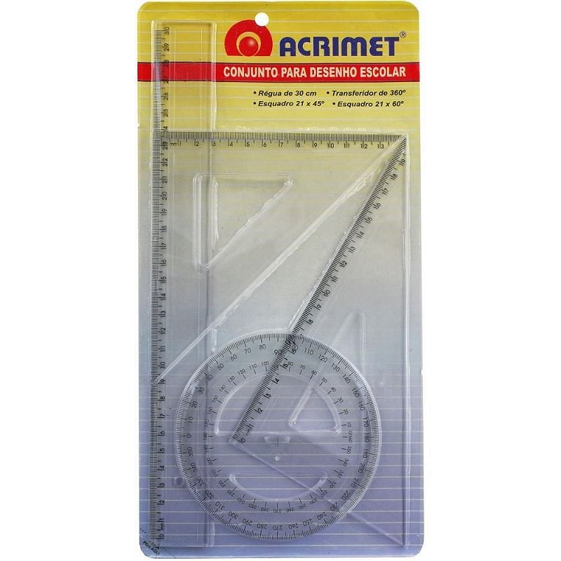 Conjunto para Desenho Régua 30CM + Esquadro 21CM + Transferidor 360º CR