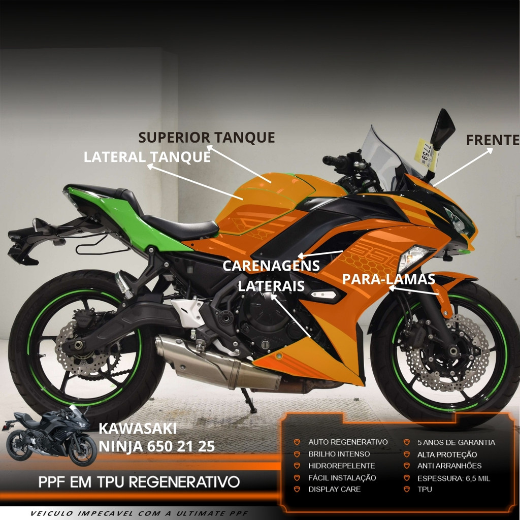 Película PPF Proteção Kit Semi Full Moto Kawasaki Ninja 650 R 2021 2022 2023 2024 2025 Transparente TPU Anti Risco