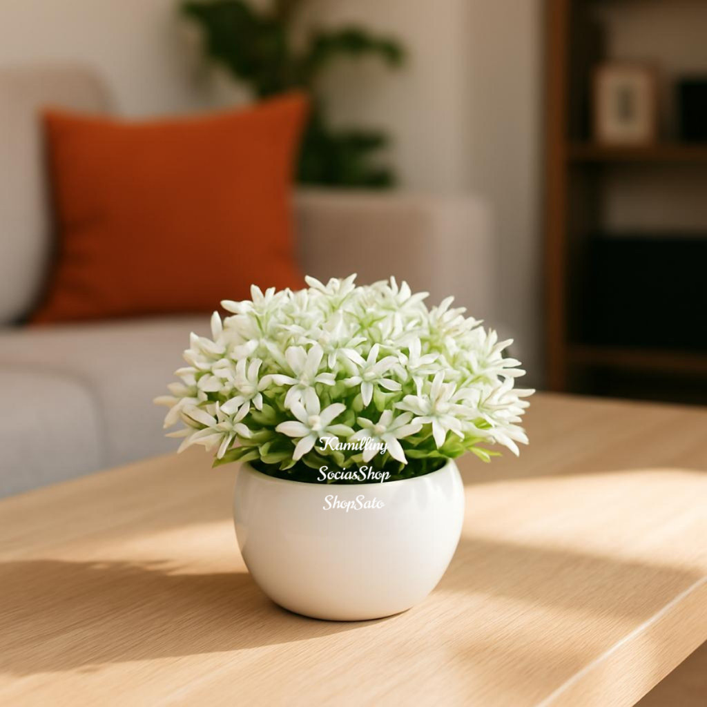 Arranjo Completo Mini Bonsai Branco Com Vaso De Musgo Redondo Pequeno Decoração Artificial