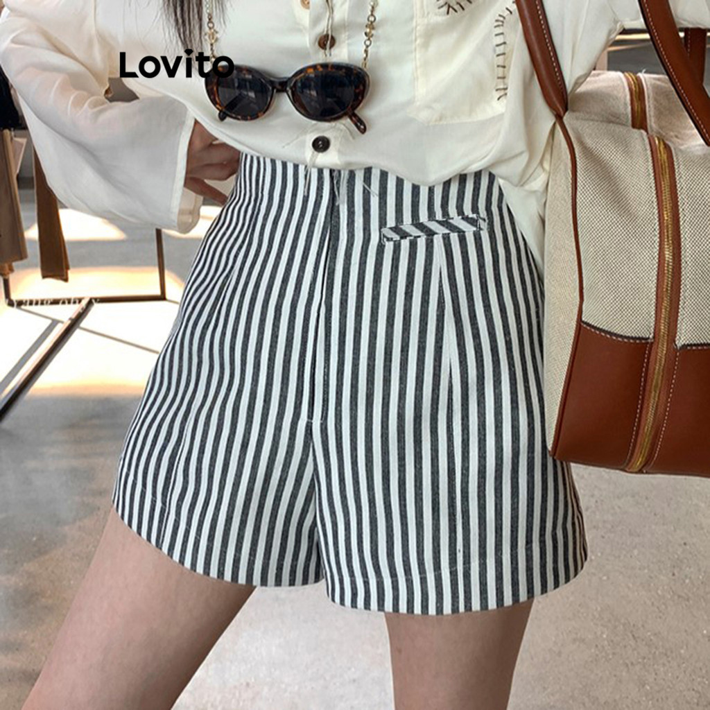 (Trendy) Lovito Shorts Casuais Listrados Com Bolso Falso Para Mulheres L113MD320 em Oferta na Shopee