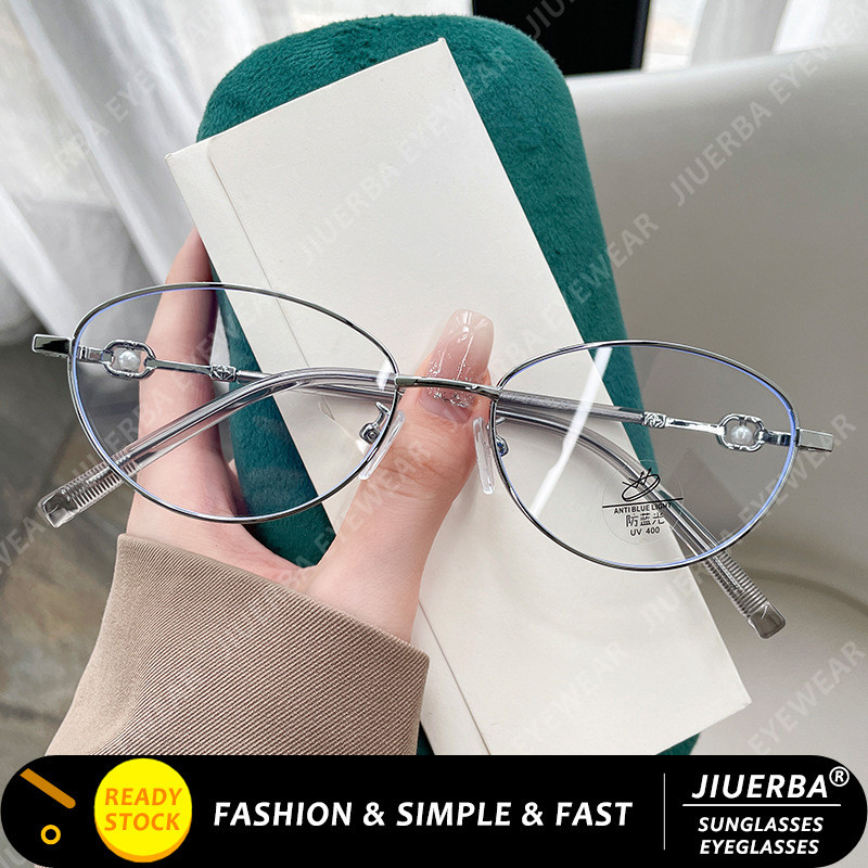 (JIUERBA) Novos Óculos Ovais De Olho De Gato Pérola Decoração Luz Luxo Anti Azul Para Mulheres em Oferta na Shopee