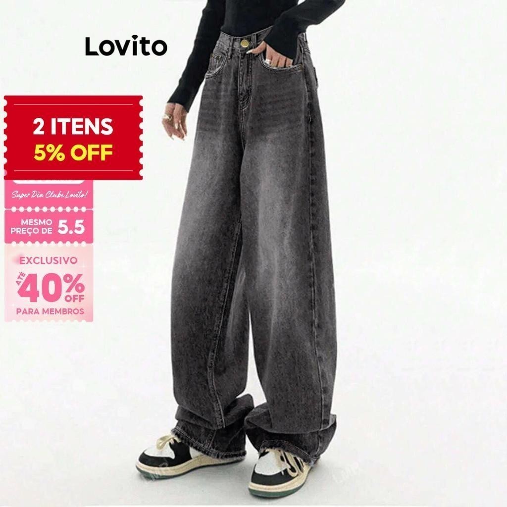 (Trendy) Lovito Jeans Casuais Cat'S Whiskers Pocket Jeans Para Mulheres L106AD1240 em Oferta na Shopee