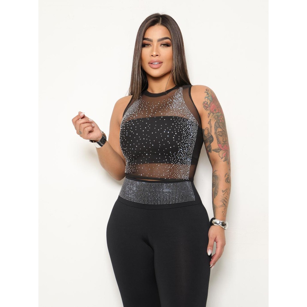 Conjunto Calça Slim Antonela e Cropped de tule Sem manga AYLA Pedraria Strass em Oferta na Shopee