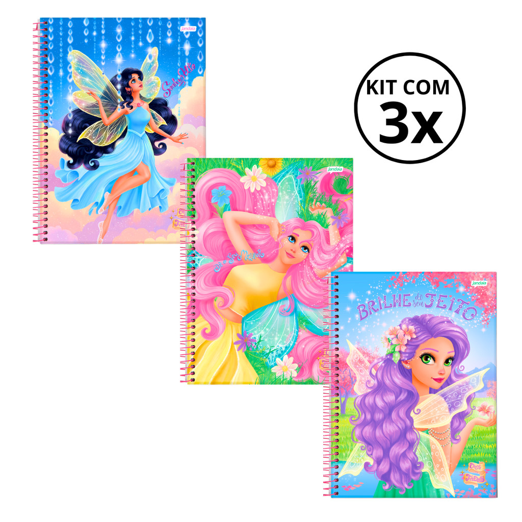 Kit 03 Cadernos Universitário 1 Matéria 80 Folhas Conto de Fada - Jandaia CAPA:Roxo/Rosa/Azul em Oferta na Shopee