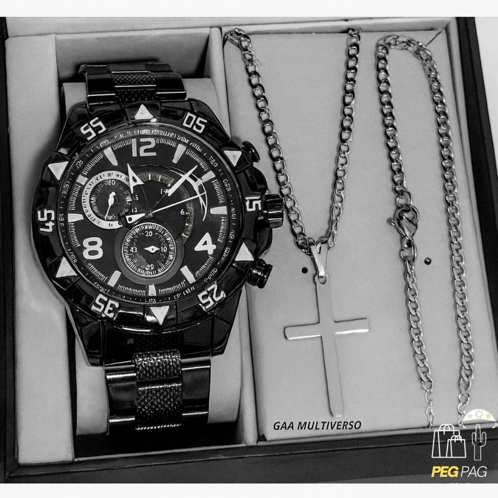 Kit completo relógio masculino aço inoxidável