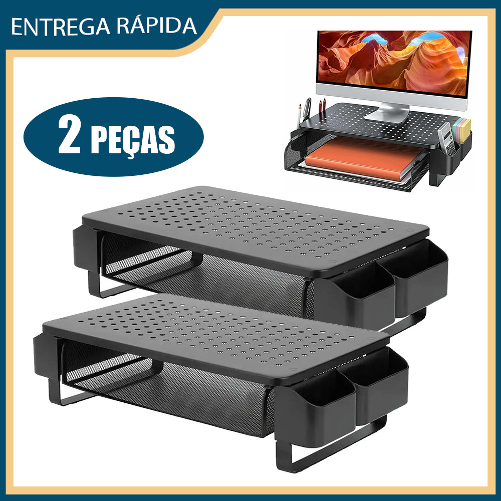 2 prateleiras metálicas com gavetas e calhas laterais para computador de secretária, computador portátil, monitor, arref