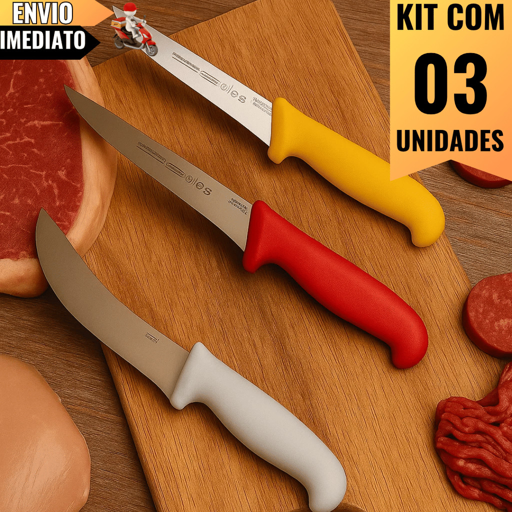 Kit Profissional com 2 Faca Desossar + 1 Faca Tira Couro – Açougue, Churrasco, Cozinha e Uso Profissional
