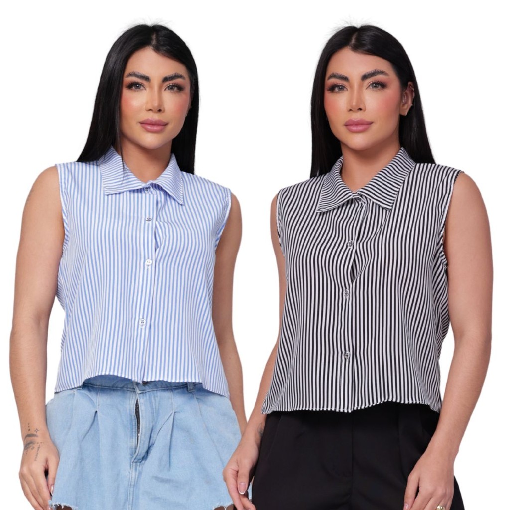 Kit 2 Blusas Camisa Regata Feminina Listrada Elegante Social Blusinha Regata Camisa Sem manga