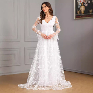 Vestido de Noiva Civil Off-White Manga Comprida decote em V Grande de Renda em Oferta na Shopee