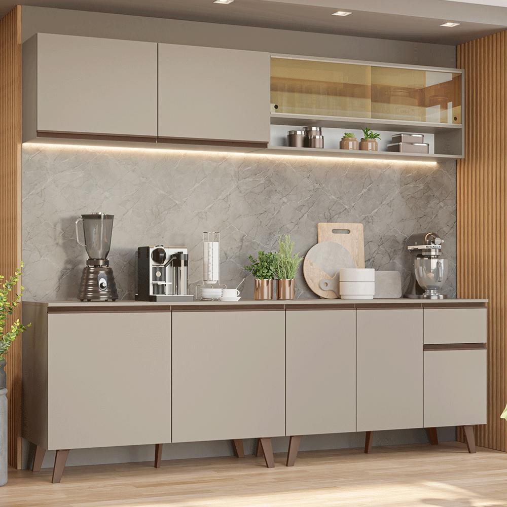 Armário de Cozinha Completa 240 cm Crema Nice Madesa 03 em Oferta na Shopee