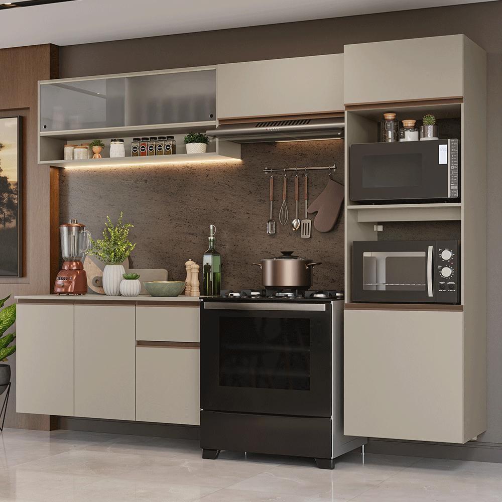 Armário de Cozinha Completa 260 cm Suspenso Crema Nice Madesa 11 em Oferta na Shopee