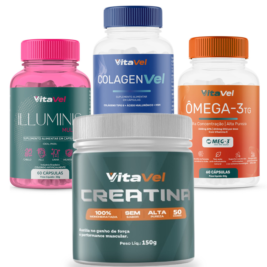 Kit Completo Feminio Creatina 300g + Omega 3 + Multivitaminico Feminino  + Colageno