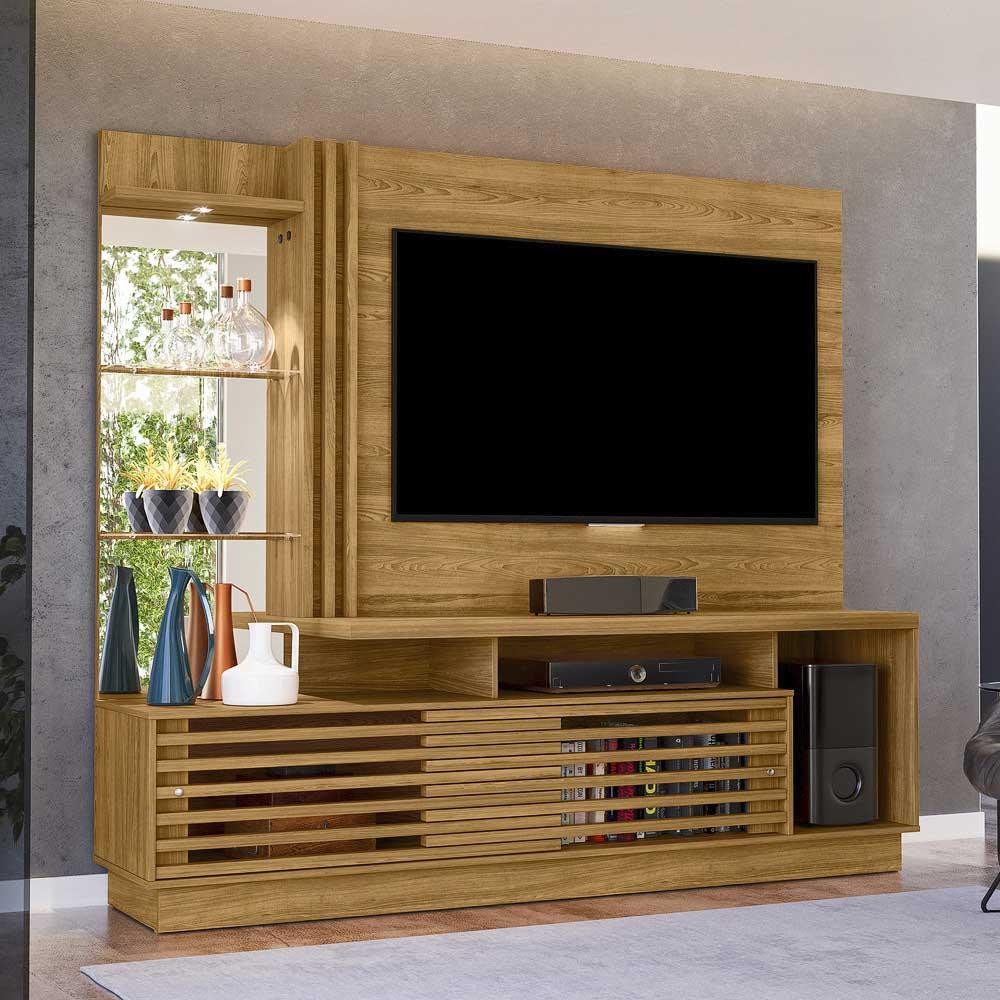 Home Theater Stall 2 Portas 2 Prateleiras Iluminação LED MDP até 60 Cumaru G97 - Gran Belo