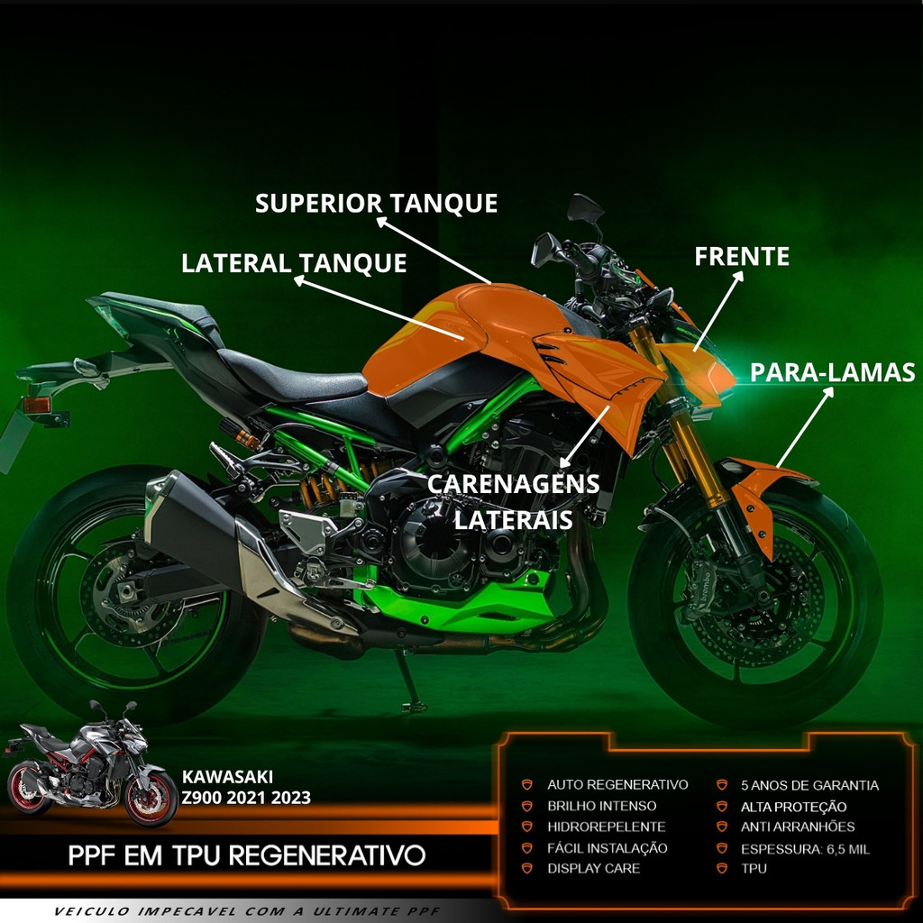 Película PPF Proteção Kit Semi Full Moto Kawasaki Z900 2021 2022 2023 Transparente TPU Anti Risco
