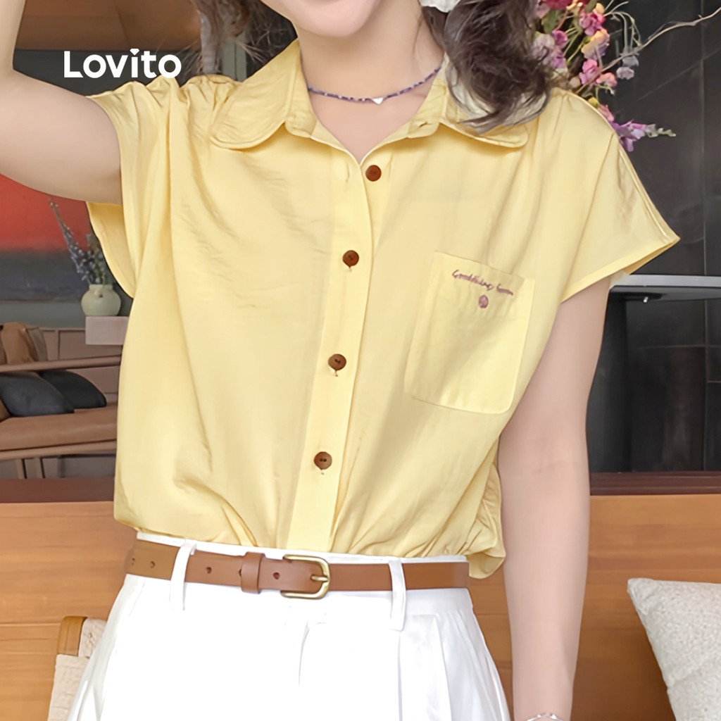 Detalhes do (New) Lovito Blusa Casual de Bolso Primavera/verão Blusa Amarela Clara para mulheres L144AD166