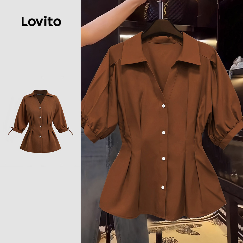 (Elegante) Lovito Blusa de Botões com Renda e Laço Primavera/verão Cor Marrom pa