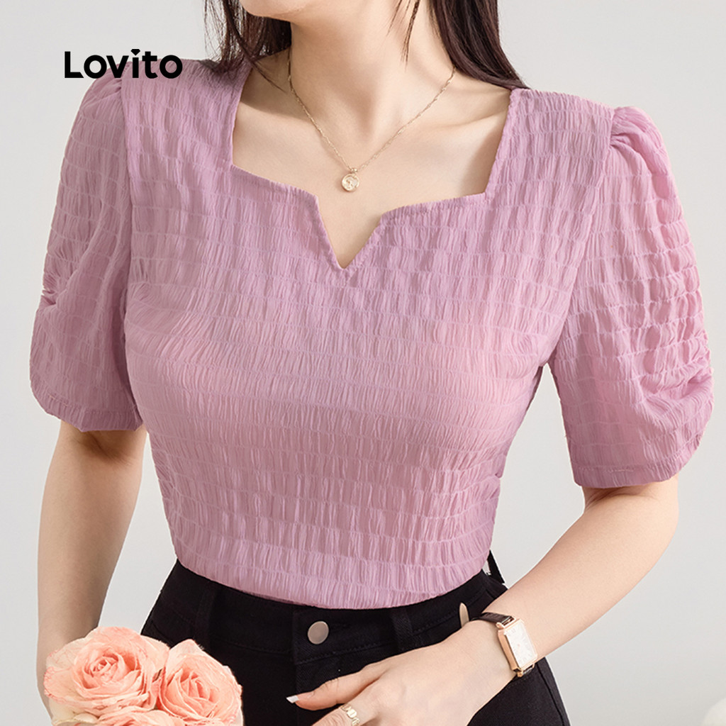 (Elegant) Lovito Blusa com Pregas Simples para Deslocamentos Primavera/verão Blusa Roxa para Mulheres L143ED084