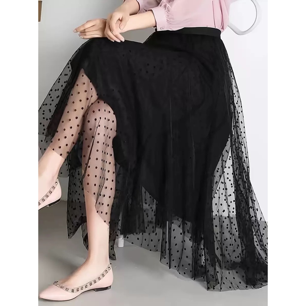 Saia Midi de Tule com Pontinhos Preto Chic e Feminino para Festa e Praia WK-64 em Oferta na Shopee