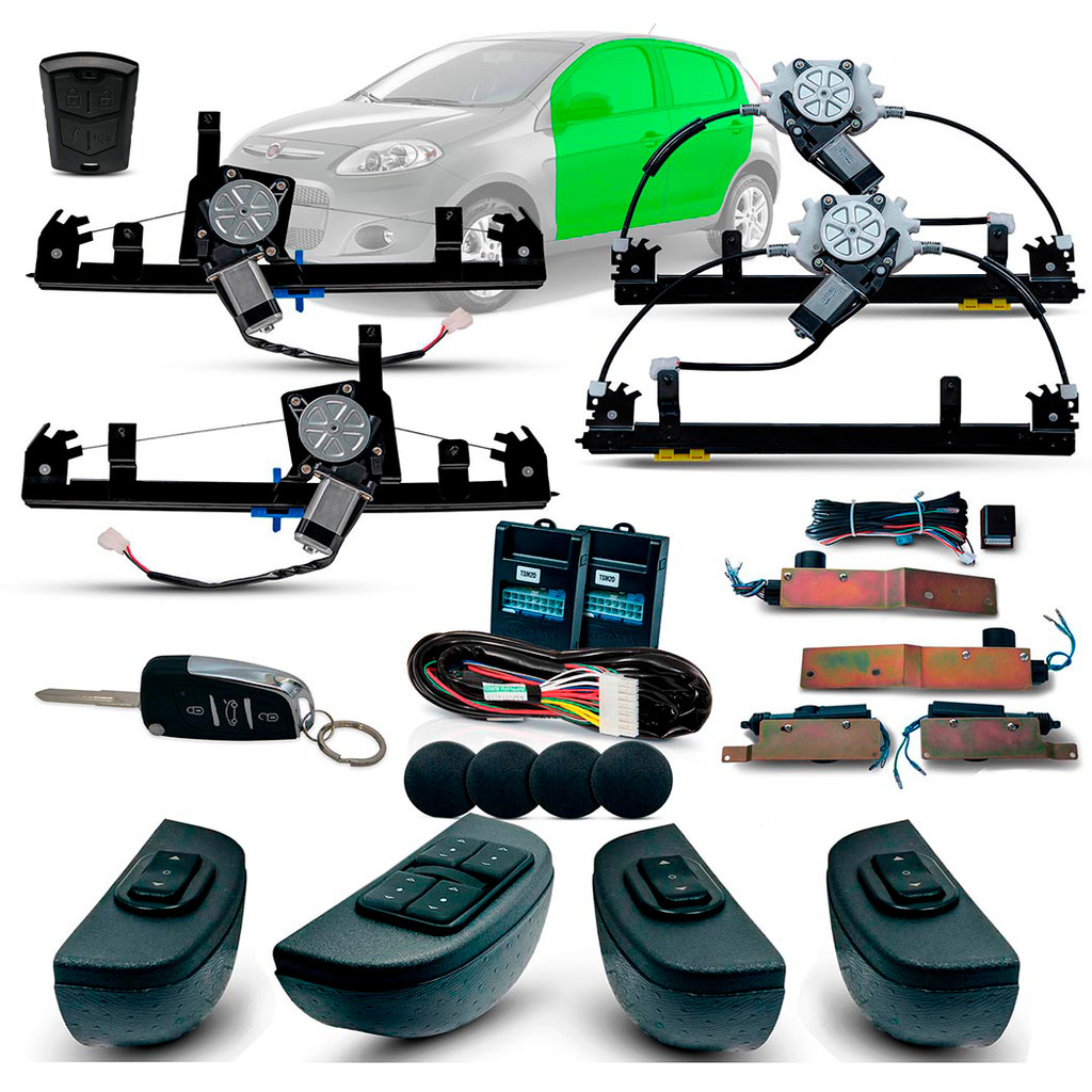 Kit Vidro Eletrico + Trava e Alarme Com Canivete N. Palio Atractive/ Grand Siena 4 Portas Completo (2012/2019)