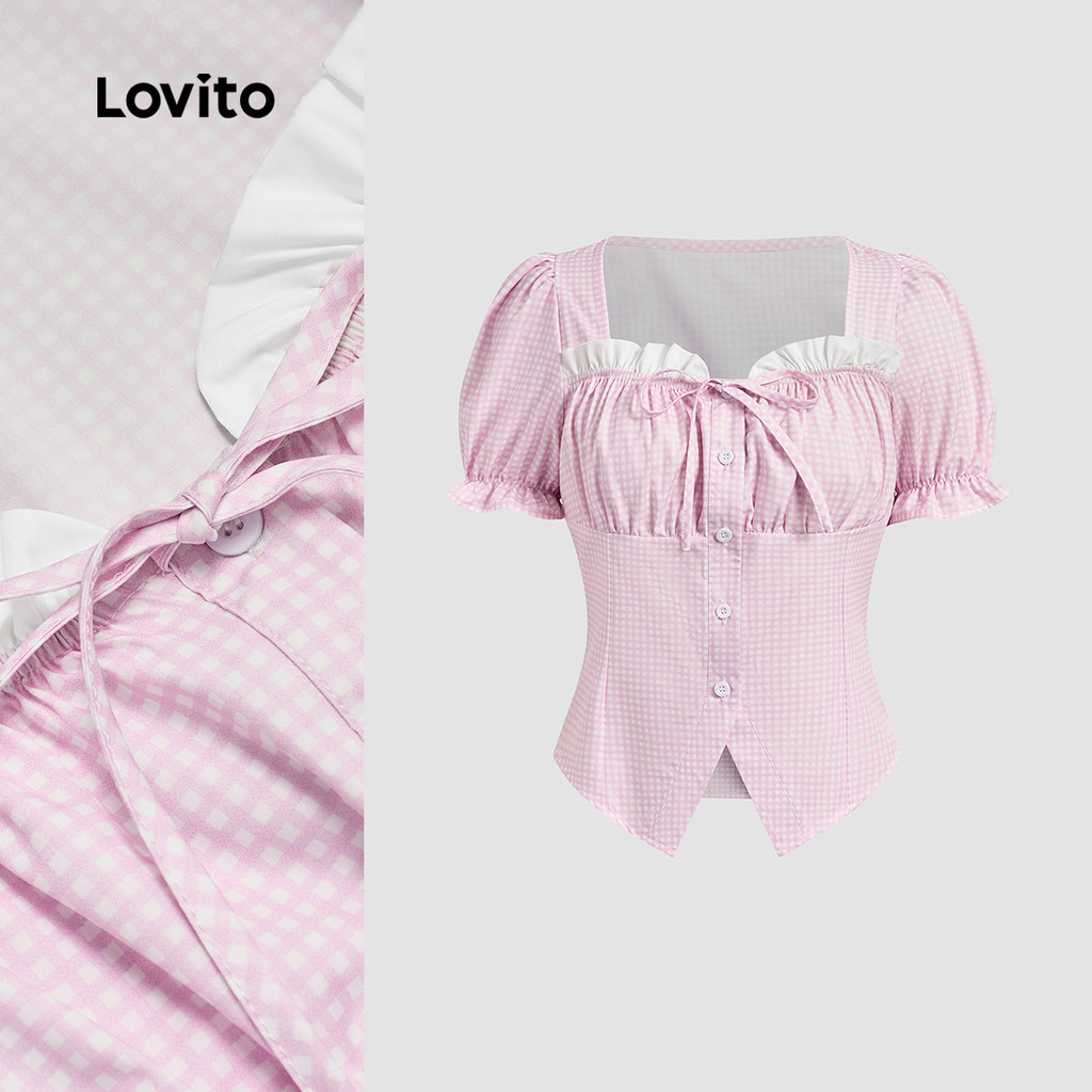 (Férias) Lovito Blusa Linda de Renda com Amarração Primavera/verão Blusa Rosa pa