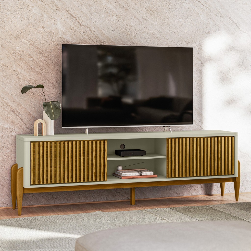 Rack Ripado Sereno p/ TV até 65” 180cm com 2 Portas de Correr e Pés de Madeira Maciça - Olivar em Oferta na Shopee