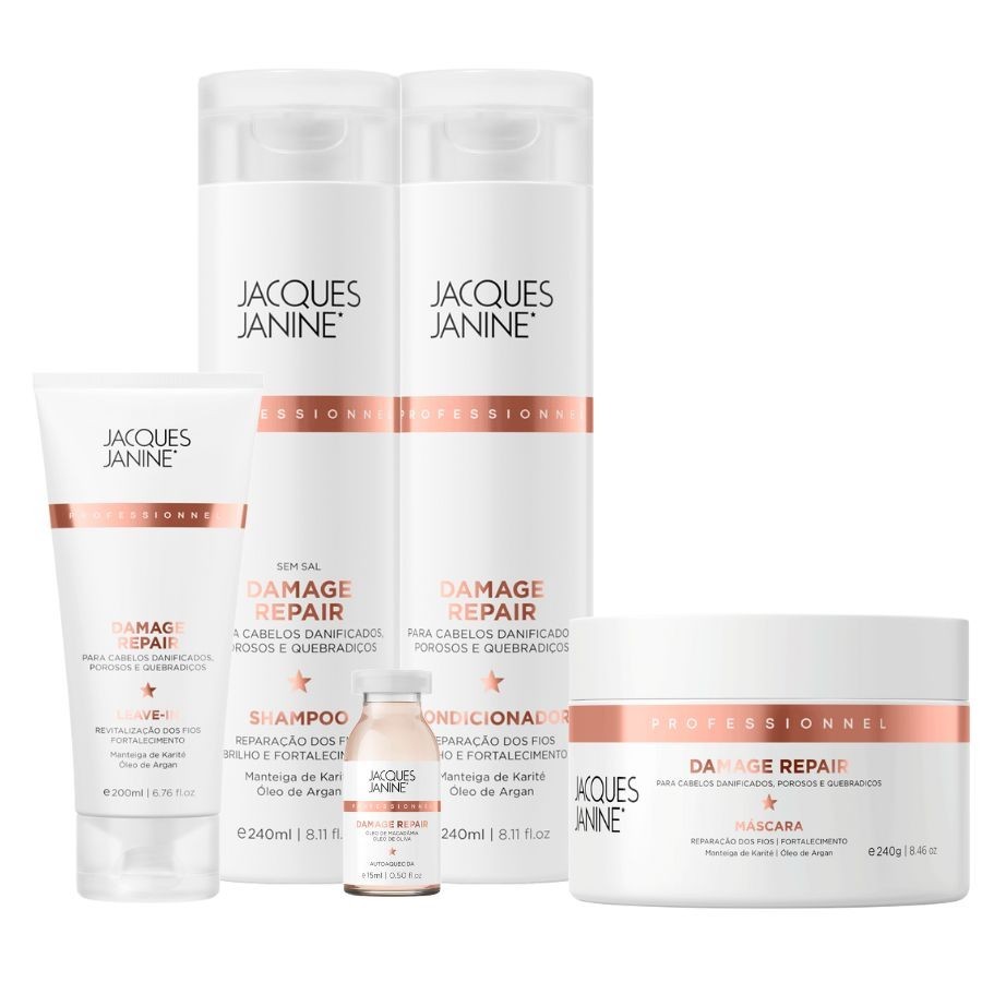 Kit Jacques Janine Damage Repair Shampoo Condicionador 240ml Máscara 240g Leave-In 200ml Ampola 15ml em Oferta na Shopee