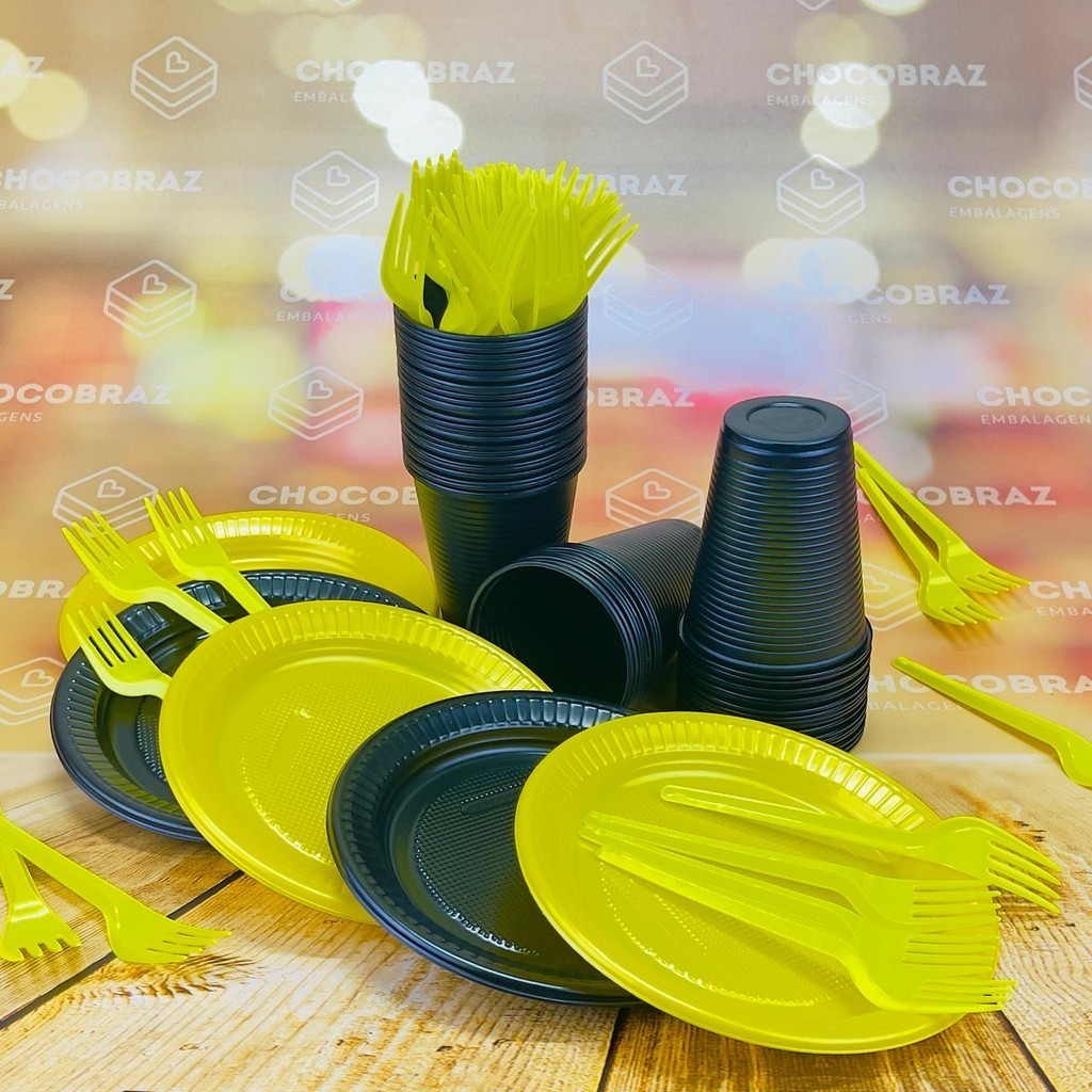 Kit Festa 50 PESSOAS DESCARTAVEIS GARFO + PRATO + COPO (PRETO E AMARELO)