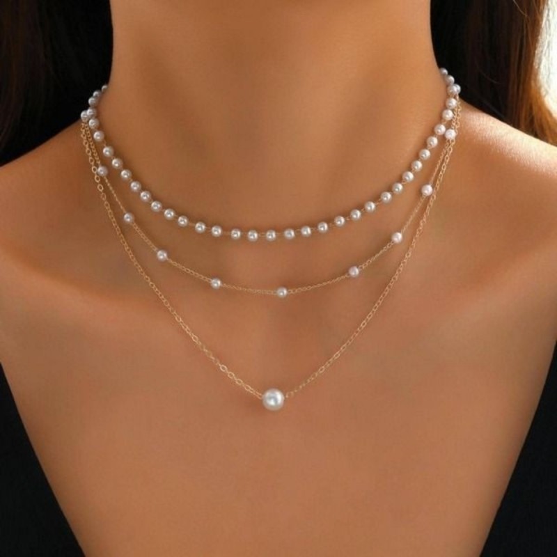 1 Conjunto Conjunto de Colar de Cadeia de Imitação de Pérola Multi-Layer Clavicle Necklace