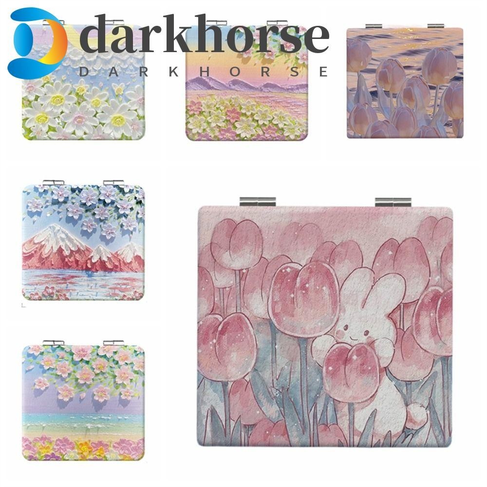 DARKHORSE Maquiagem Espelho , Tulip Square Cosmético Dupla Face , Espelhos Estudantis Pintura A Óleo Vaidade Compacto Dobrável Meninas Dobráveis