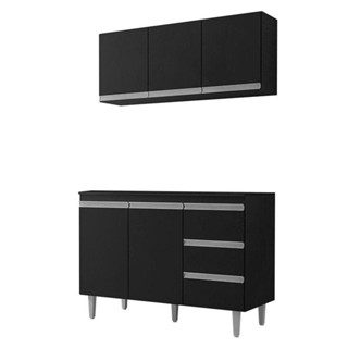 Balcão De Cozinha Com Tampo 120 Cm E Armário Aéreo Andréia Preto Fosco - Ajl em Oferta na Shopee