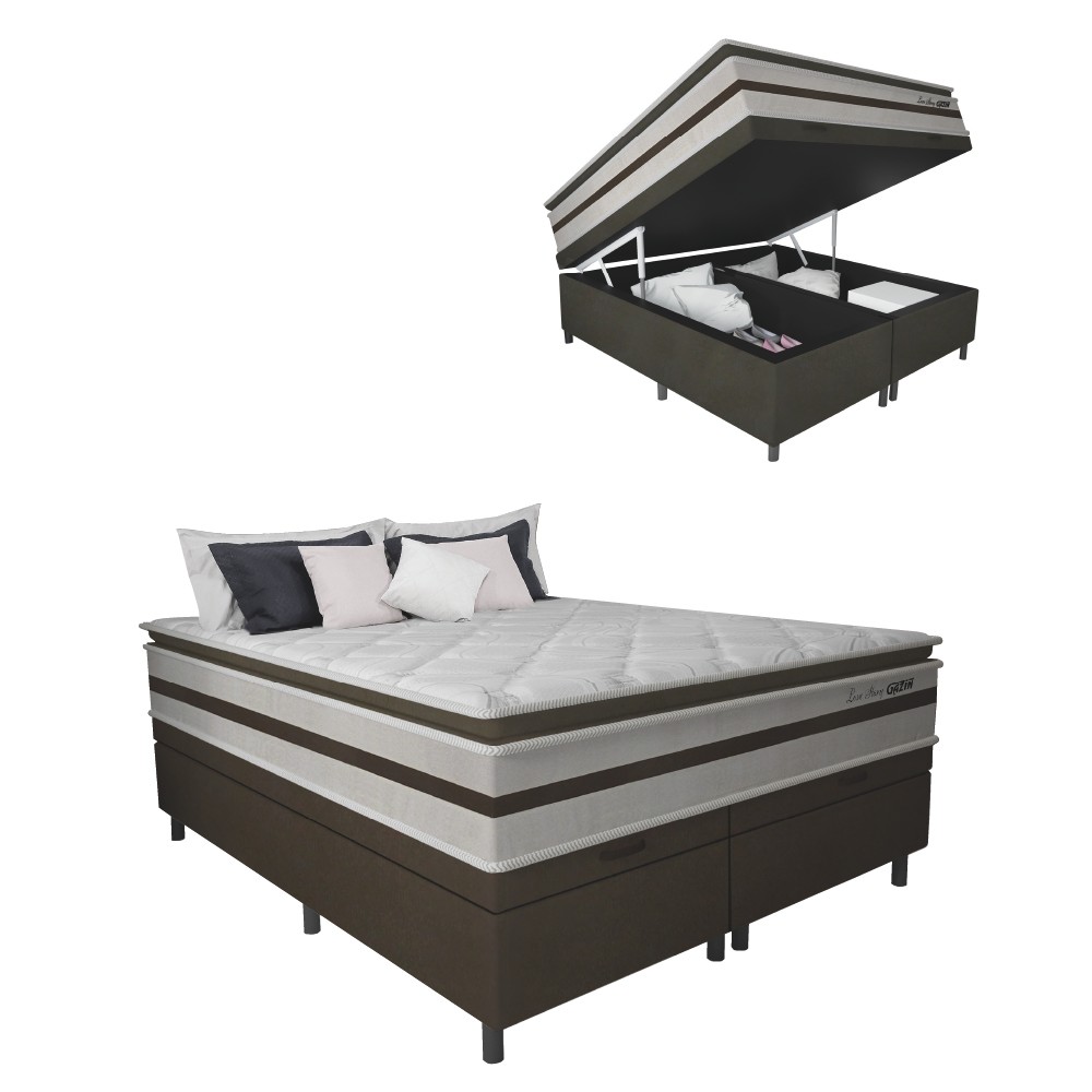 Cama Box Baú Casal Queen Colchão Molas Ensacadas Pillow Top Love Story 158x198x71cm Branco / Marrom em Oferta na Shopee
