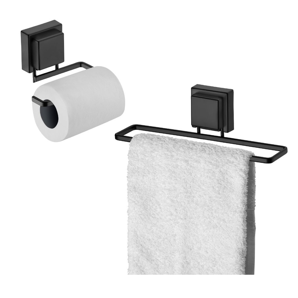 Kit Suporte Lavabo Banheiro Preto Porta Toalha Rosto E Papeleira Conjunto Completo
