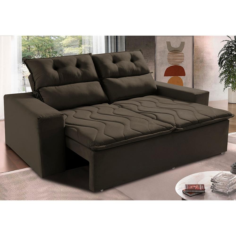 Sofá Retrátil e Reclinável 1,50m Cama inBox Smal com bordado pantográfico Suede Café - Home & Living