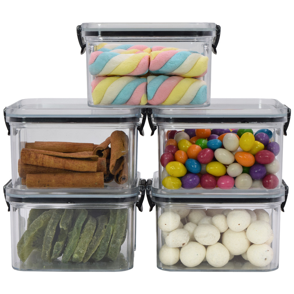 Conjunto C/ 5 Organizadores 500ml Empilhável Transparente C/ Tampa Armário Alimento Utensílios Multiuso Quadrado - Plasnorthon