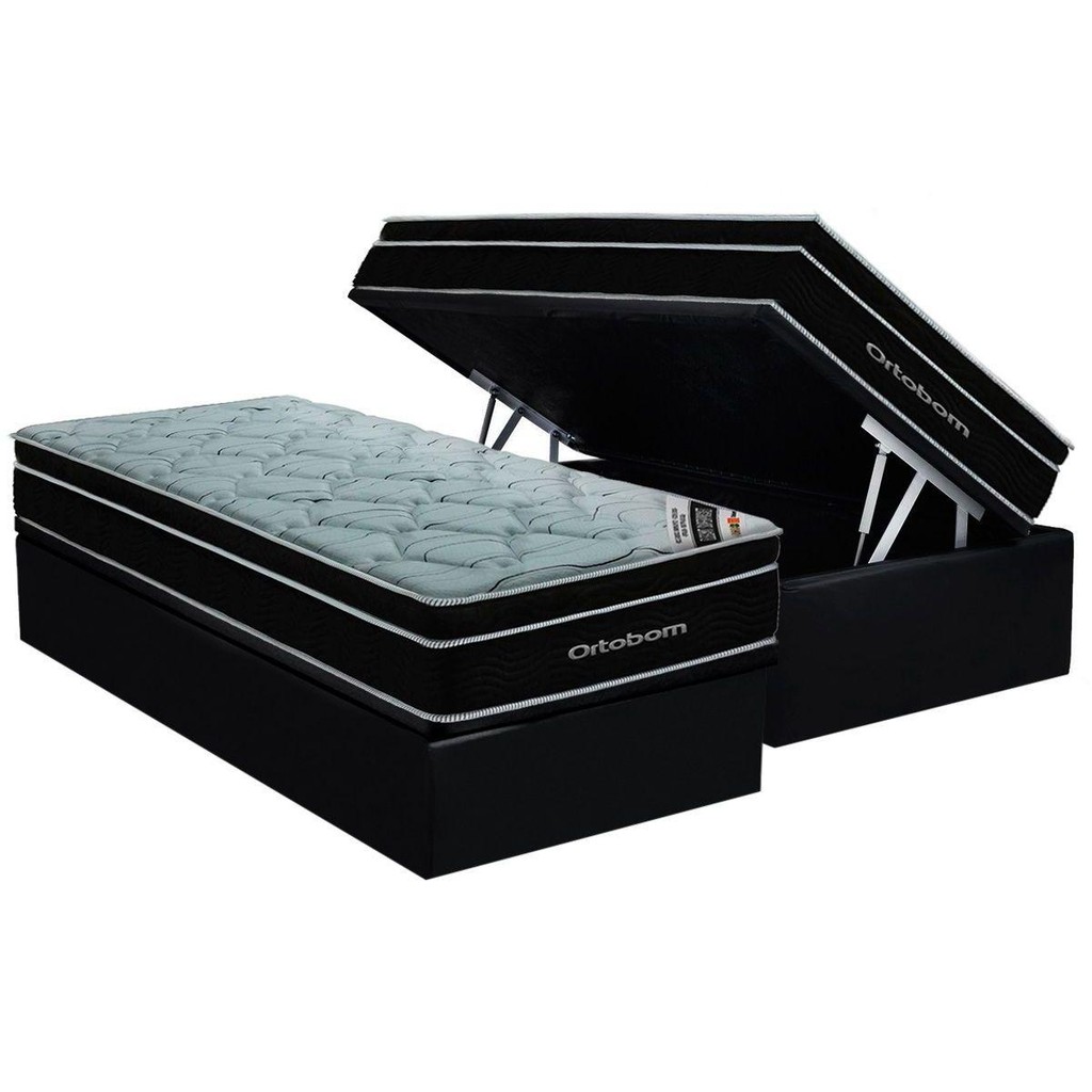 Conjunto Box Baú Solteiro: Colchão Espuma Ortobom SuperPocket Elegant + Base CRC Suede Black(88x188)