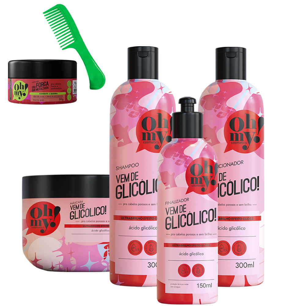 Kit Vem de Glicólico! Shampoo Cond Másc 300 e Fin 150 Oh My! em Oferta na Shopee
