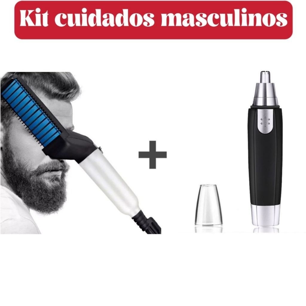 Kit de Cuidados Masculinos - Chapinha Modeladora Portátil/ Escova Alisadora de Barba + Aparador Elétrico de Pelos - WYL