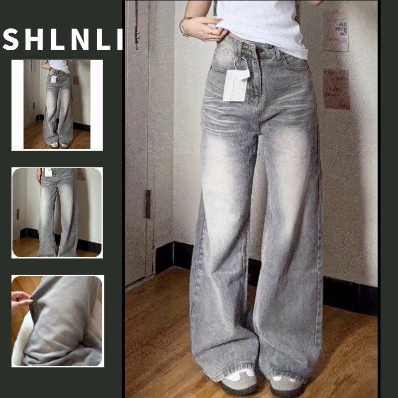 Primavera Verão Feminino High Street Casual Solto Jeans De Perna Larga Americano Retro Lavado Calças Reta