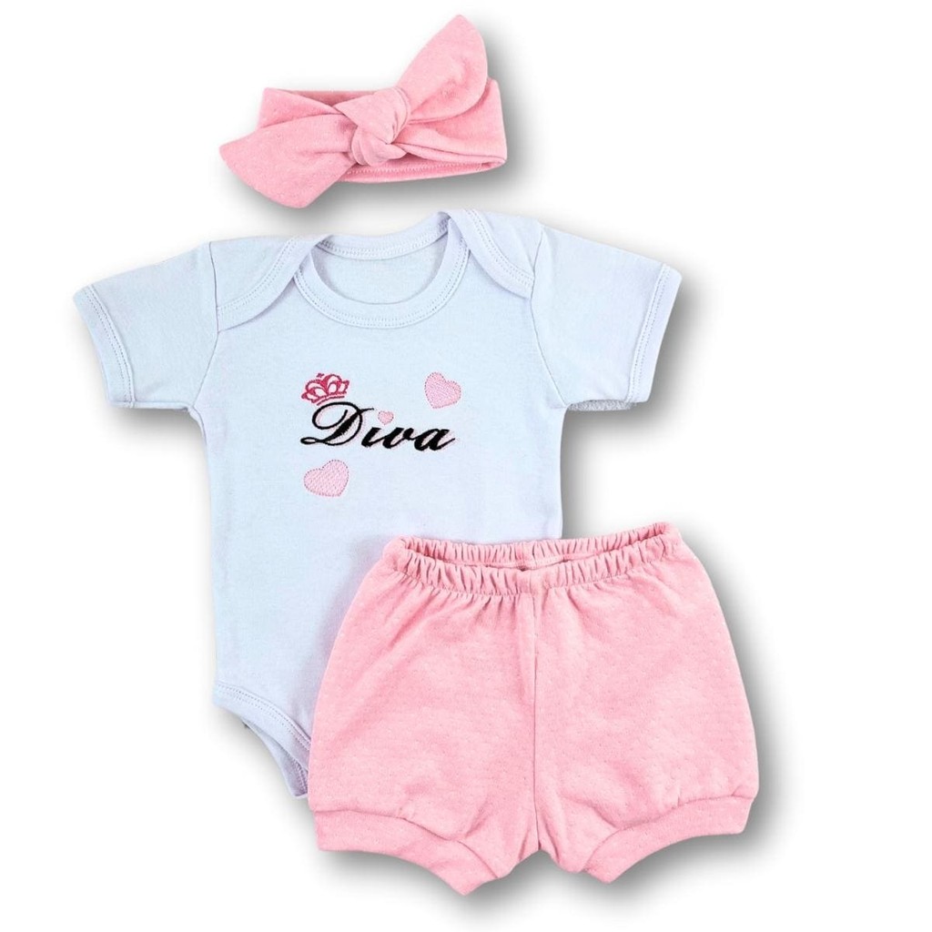 Conjunto Roupa Bebê Menina Mini Diva Body Manga Curta e Short Tapa Fralda Blogueirinha Verão c11361