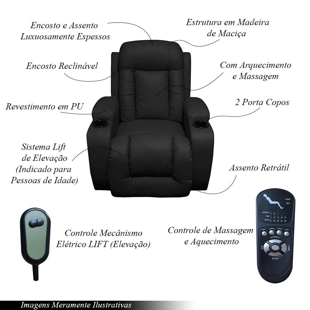 Poltrona do Papai com Massagem Aquecimento Austin Elevação Lift 150º PU Preto G31 - Gran Belo