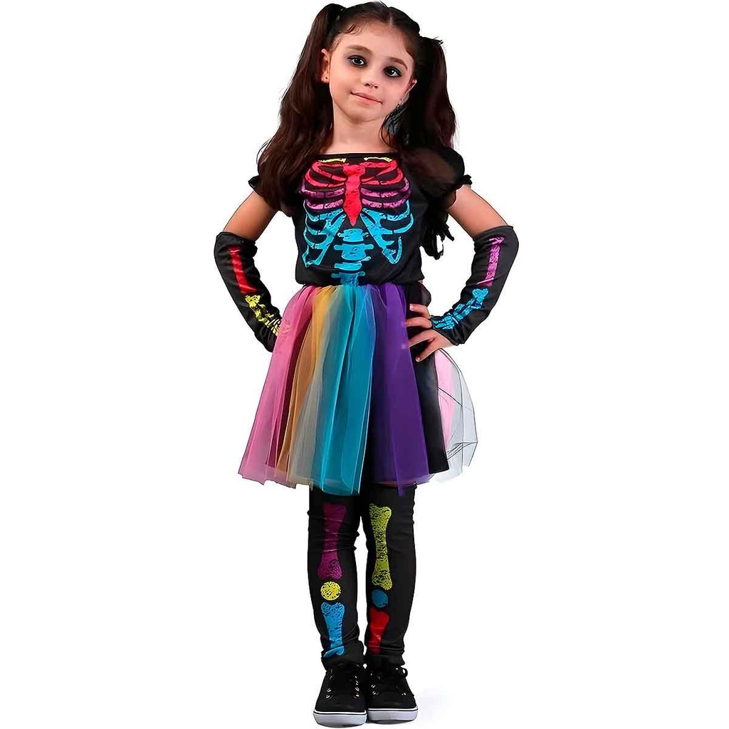 Fantasia Halloween Infantil pra Menina Vestido Caveira Colorida Com Meias e Luvas de Esqueleto em Oferta na Shopee