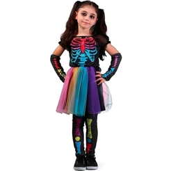Fantasia Halloween Infantil pra Menina Vestido Caveira Colorida Com Meias e Luvas de Esqueleto