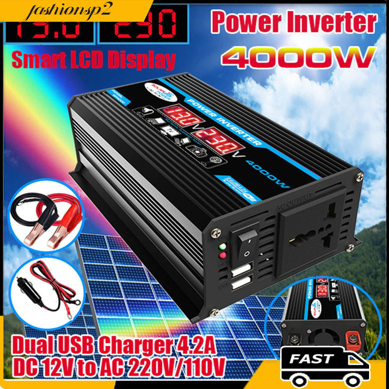 12v-110v/220v Inversor De Carro Digital Solar 4000w Com Usb em Oferta na Shopee