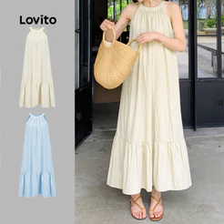(Hot) Lovito Férias Vestido Com Babados Lisos E Bainha Recortada Para Mulheres L68ED142 (Branco/Preto)