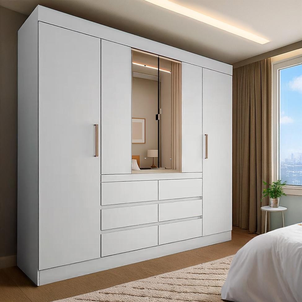 Guarda-Roupa Casal com Espelho Trevi 4 Portas 6 Gavetas Branco - Home & Living