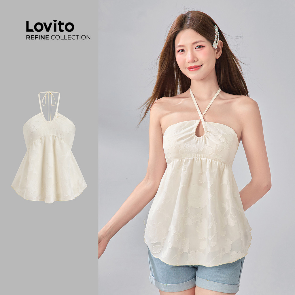 (Lovito -  Refine) Blusa Fofa de Jacquard com Amarrar e Flores Primavera/verão Pêssego para mulher LR12A206 - Women Clothes