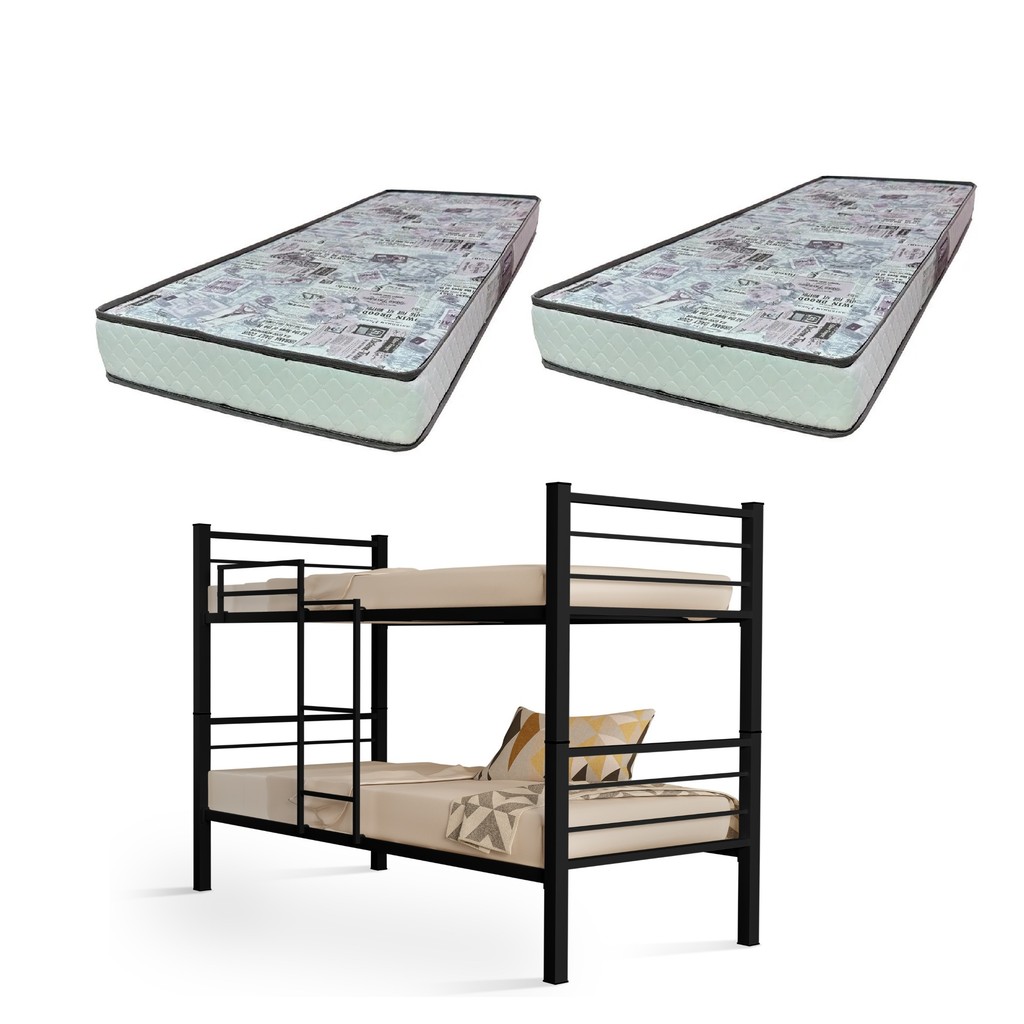 Beliche 100% Ferro/Aço Cristal Vira 2 Camas C/grade Proteção  Escada + 2 Colchões D-23 -Gazin -Preto