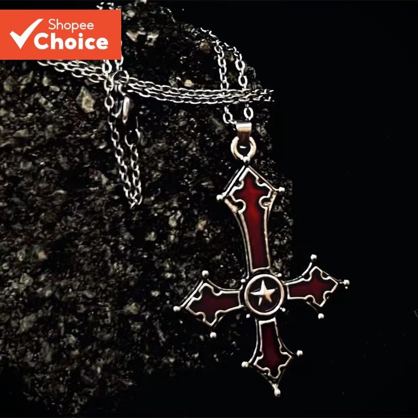 Colar Vintage Com Pingente De Cruz Reversa Gótico Punk Vermelho Preto Para Amantes Da Moda