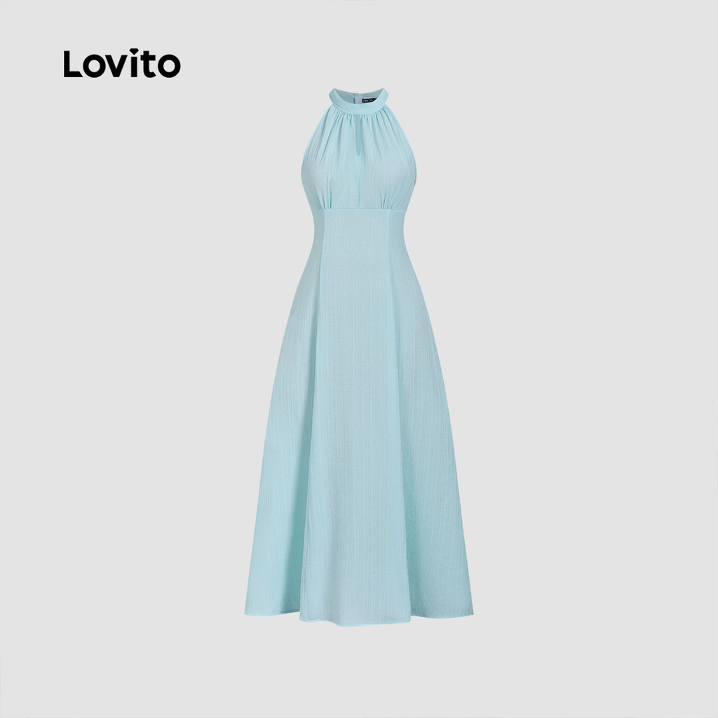 Detalhes do Lovito Vestido Feminino Recortes Azul Claro Primavera Verão Elegante L143ED122